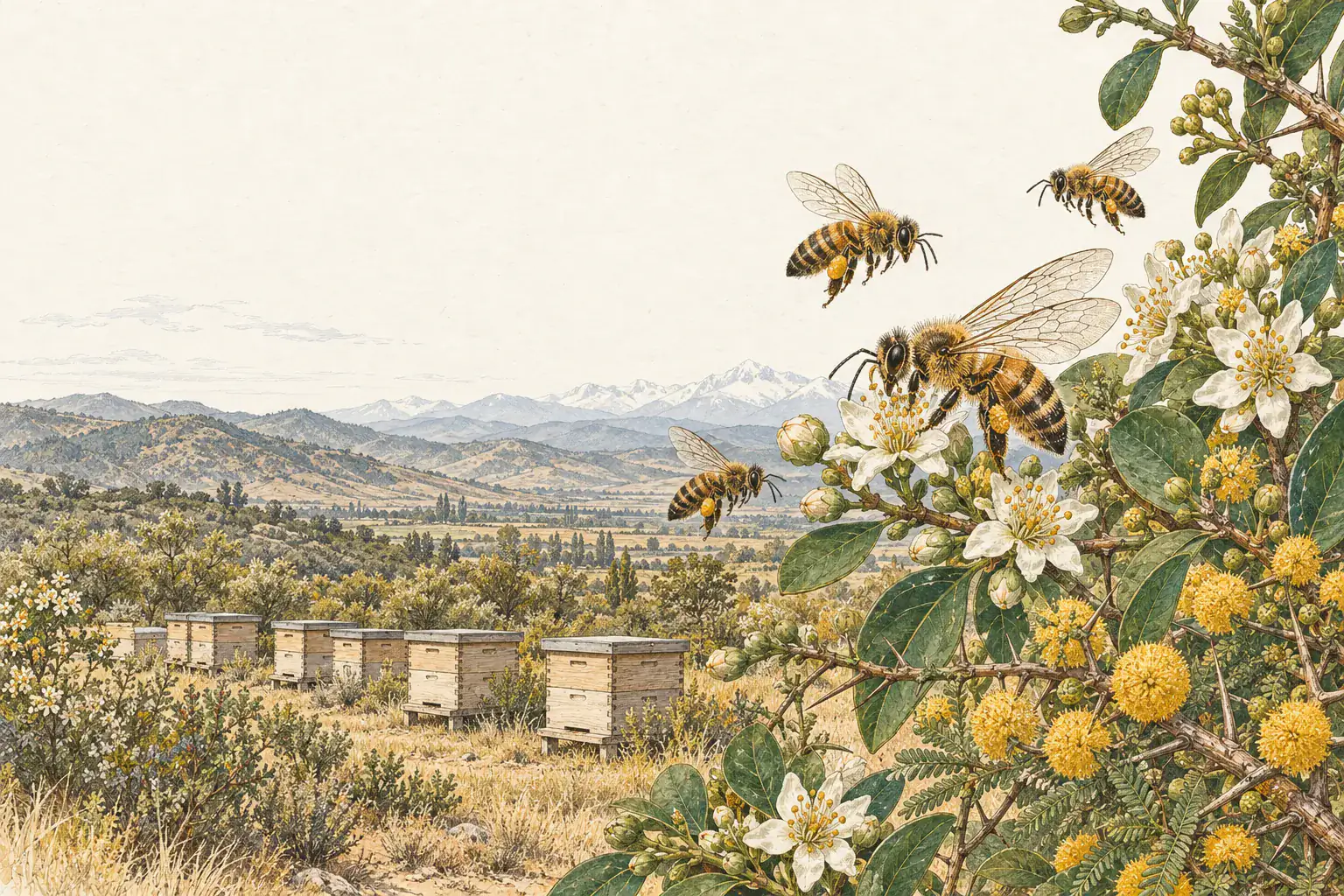 Ilustración de un valle de la zona central de Chile: una hilera de colmenas de madera entre matorral y pastos secos, ramas de quillay y espino en flor con abejas en primer plano y la cordillera nevada al fondo.